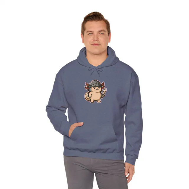 Grumpy Axolotl Knight – The Soggy Hero – Hoodie worn on a model