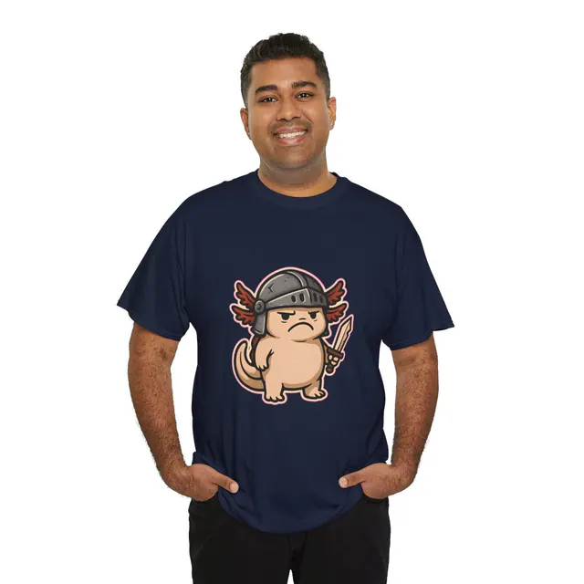 Grumpy Axolotl Knight – The Soggy Hero – Men's/Unisex T-Shirt worn on a model