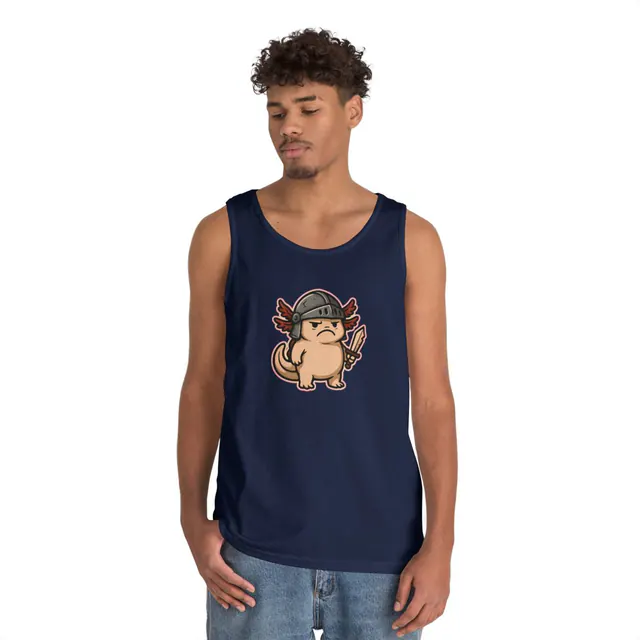 Grumpy Axolotl Knight – The Soggy Hero – Tank Top worn on a model