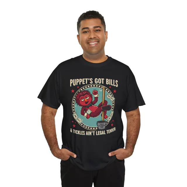 Puppet's Got Bills – Men's/Unisex T-Shirt worn on a model