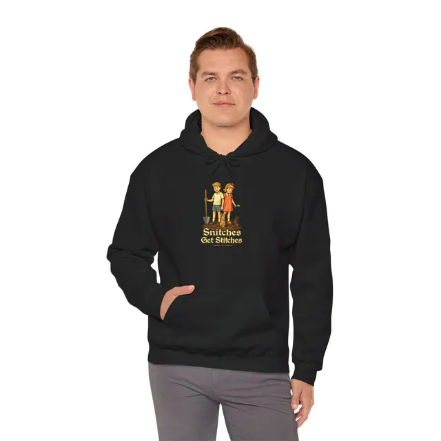 Snitches Get Stitches Hoodie worn on a model