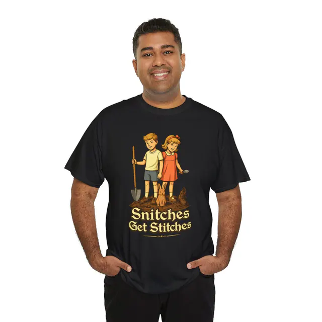 Snitches Get Stitches - Men's/Unisex T-Shirt worn on a model