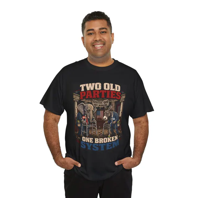 Two Old Parties, One Broken System – Men's/Unisex T-Shirt worn on a model